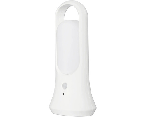Bärbar LED-nattlampa i vit plast med rörelsesensor och bärhandtag.