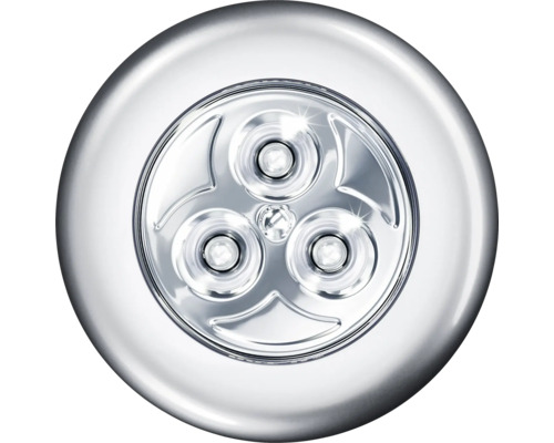 Rund silverfärgad LED-lampa med tre ljuspunkter och tryckfunktion.