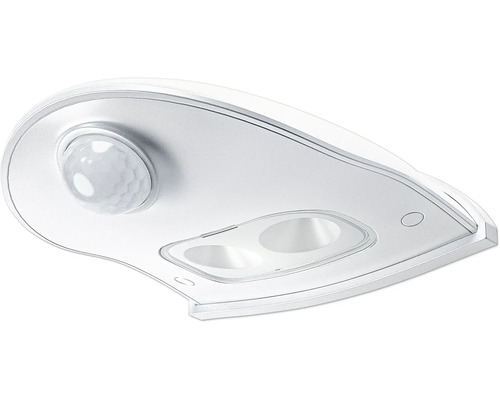Platt LED-lampa med integrerad rörelsesensor av vit plast för vägg- eller hörnmontering.