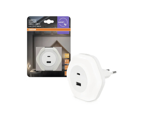 Osram Lunetta Hexagon LED-nattlampa för eluttag med USB-A- och USB-C-portar, 4 lumen, 3000 Kelvin varmvitt ljus.