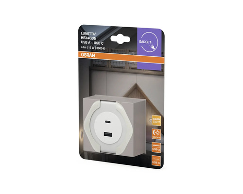 OSRAM LED-nattlampa Lunetta Hexagon med USB-A- och USB-C-portar, varmt ljus, 4 lumen, 3000 kelvin.