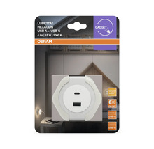 OSRAM LUNETTA HEXAGON LED-nattlampa för eluttag med USB-A- och USB-C-port, 4 lumen, 3000 Kelvin varmvitt ljus.