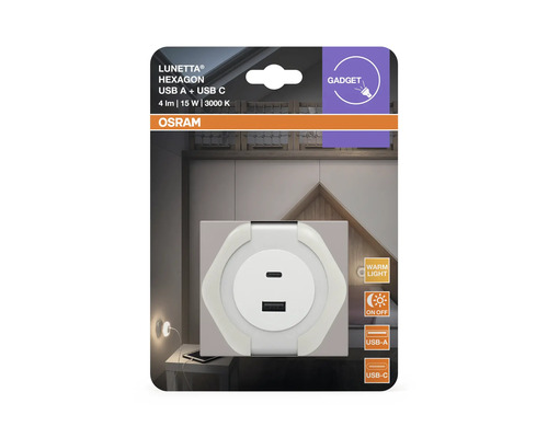 OSRAM LUNETTA HEXAGON LED-nattlampa för eluttag med USB-A- och USB-C-port, 4 lumen, 3000 Kelvin varmvitt ljus.