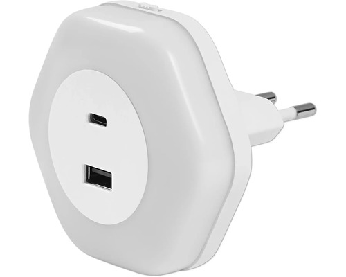 Vit LED-nattlampa för vägguttag med USB-C- och USB-A-laddningsportar.