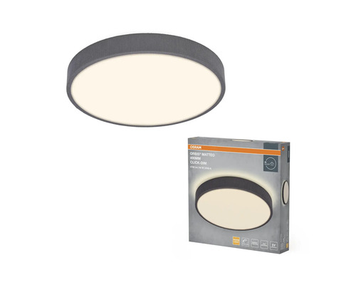 Rund grå LED-taklampa Osram Orbis Matteo, diameter 490 millimeter, med textilram och Click-Dim-funktion, inklusive förpackning.