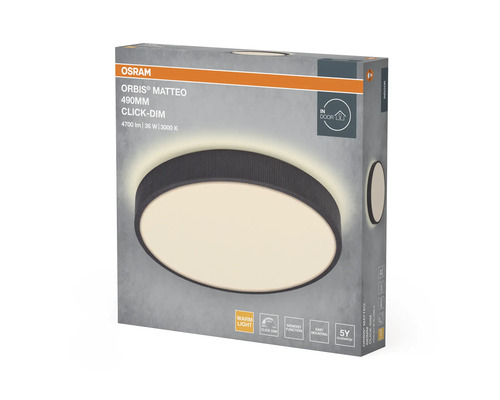 Osram LED-taklampa Orbis Matteo Click-Dim, diameter 490 millimeter, varmvitt ljus, dimbar, för inomhusbruk.