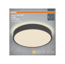 Osram Logo. Rund LED-taklampa Orbis Matteo med 490 millimeter diameter, varmvitt ljus, klick-dimfunktion och minnesfunktion.