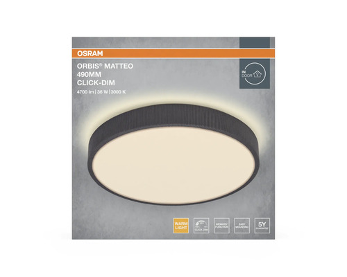 Osram Logo. Rund LED-taklampa Orbis Matteo med 490 millimeter diameter, varmvitt ljus, klick-dimfunktion och minnesfunktion.