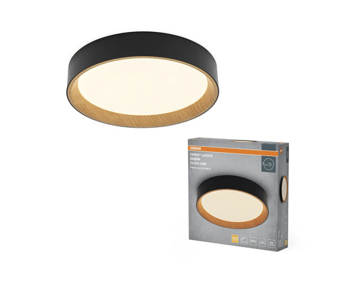 OSRAM LED-taklampa Orbis Larios, diameter 390 millimeter, i svart och trälook, dimbar, varmvitt ljus.