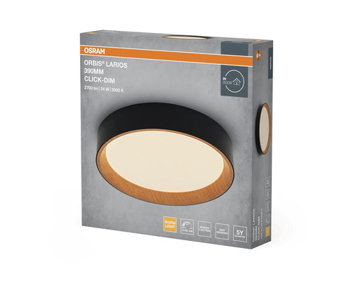 Osram Orbis Larios LED-taklampa i förpackning, rund, svart med trädekor, 390 millimeter i diameter, varmvit, dimbar, 5 års garanti.