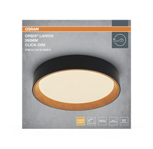 Osram Logo. Taklampa Orbis Larios, 390 millimeter, svart och trälook, varmvitt ljus, dimbar, minnesfunktion, enkel montering.
