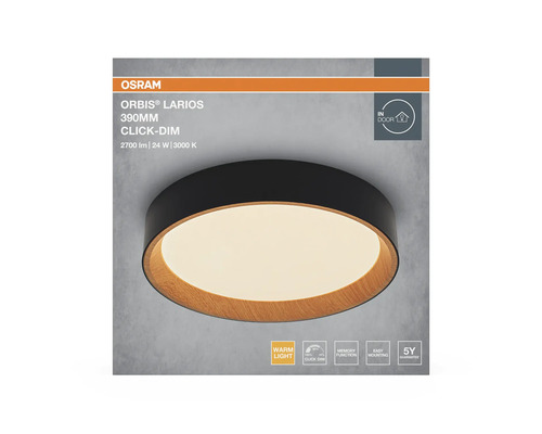 Osram Logo. Taklampa Orbis Larios, 390 millimeter, svart och trälook, varmvitt ljus, dimbar, minnesfunktion, enkel montering.