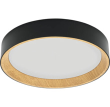 Rund taklampa med svart hölje, innerring i träoptik och vit diffusor