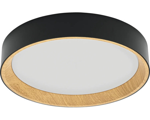 Rund taklampa med svart hölje, innerring i träoptik och vit diffusor