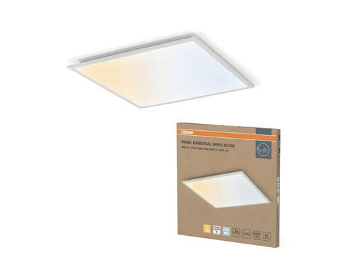Kvadratisk Osram LED-takpanel Essential Vario 60 centimeter med ställbar färgtemperatur och produktförpackning.
