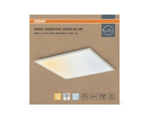 Osram Logo. Panel Essential Vario 60 centimeter, 5800 lumen, 50 watt, färgtemperatur 3000 till 6500 Kelvin, bländtal under 19, för inomhusbruk.