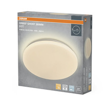 Produktförpackning för OSRAM ORBIS GHOST LED-taklampa, diameter 380 millimeter, 4700 lumen, 40 watt, ställbar färgtemperatur.