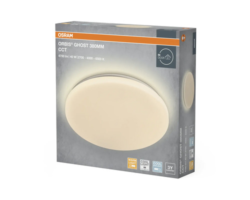 Produktförpackning för OSRAM ORBIS GHOST LED-taklampa, diameter 380 millimeter, 4700 lumen, 40 watt, ställbar färgtemperatur.