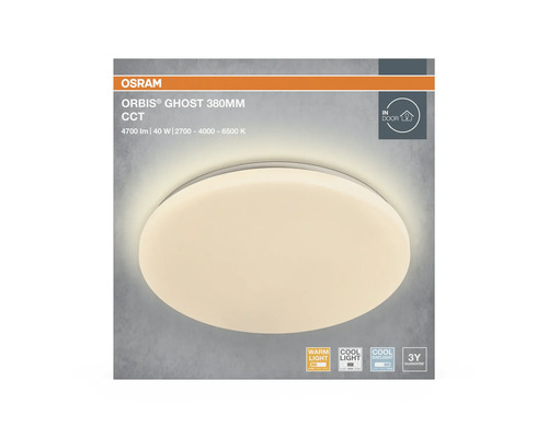 OSRAM Logo. LED-taklampa Orbis Ghost, 380 millimeter, 40 Watt, 4700 Lumen, justerbar färgtemperatur, inomhusbruk, tre års garanti.