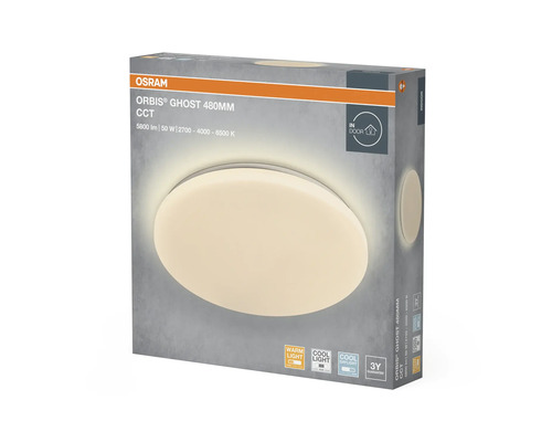 Osram Logo. Förpackning till LED-taklampan Orbis Ghost 480 millimeter med ställbar färgtemperatur, 5800 lumen och 50 watt. För inomhusbruk.