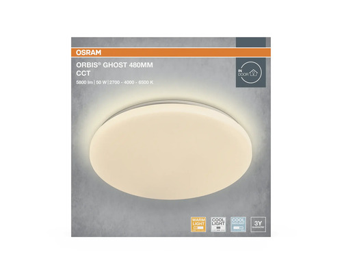 OSRAM LED-taklampa Orbis Ghost 480 millimeter, 50 Watt, 5800 lumen, justerbar färgtemperatur 2700 till 6500 Kelvin, för inomhusbruk.