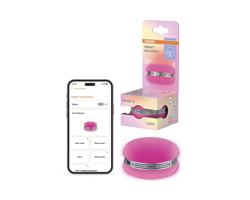 Rosa Osram Smart Macaron LED lampa och Bluetooth högtalare med applikationsstyrning via smartphone och Osram Logo på förpackningen.