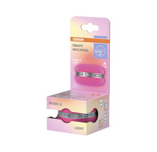 Osram Smart Macaron Bluetooth-högtalare i förpackning, i form av en macaron, rosa, med belysning, musik- och ljusfunktioner.
