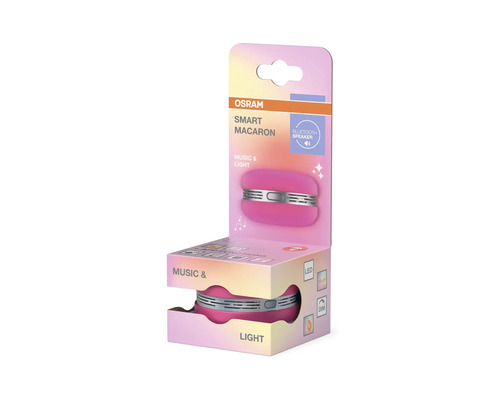 Osram Smart Macaron Bluetooth-högtalare i förpackning, i form av en macaron, rosa, med belysning, musik- och ljusfunktioner.