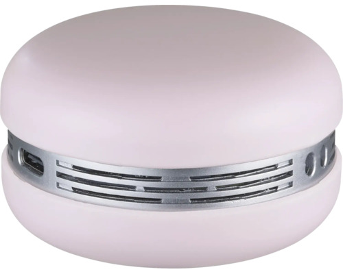 Kompakt, rund bärbar högtalare i rosa macaron-form med silverfärgat mittband, USB-port och ventilationsöppningar.