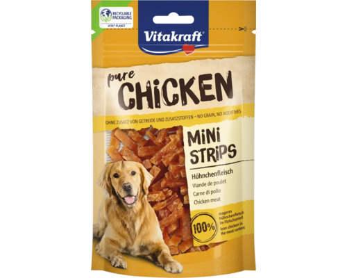 Vitakraft hundgodis Pure Chicken Mini Strips, spannmålsfritt utan tillsatser, 100 procent kycklingkött, återvinningsbar förpackning.