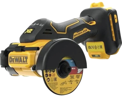 Borstlös DeWalt batteridriven kapmaskin för olika material med kapskiva och sprängskydd.