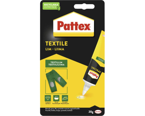 Pattex textillim 20 gram tub bomull och jeans transparent tål tvätt och strykning Pattex Logo Henkel Logo