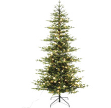 Konstgjord julgran med LED-belysning, julkulor och julgransfot i metall.