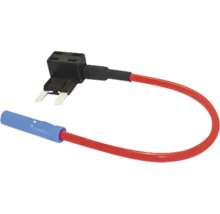 Säkringsadapter för bil med röd kabel och blå kabelsko för flatsäkringar.
