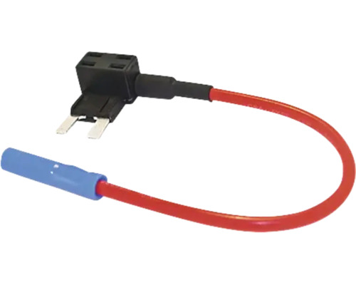 Säkringsadapter för bil med röd kabel och blå kabelsko för flatsäkringar.