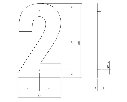Teknisk ritning av ett husnummer Två med måttangivelser