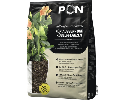 Lechuza PON substrat för utomhus- och krukplantor, förgödslat, torvfritt, högt mineralinnehåll och optimal rotluftning.
