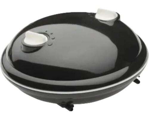 Akvarieluftpump med två justerbara vita vred på ett svart rundat hölje.