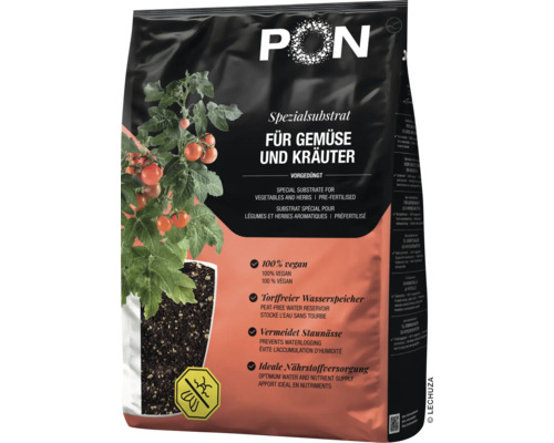 Lechuza PON specialsubstrat för grönsaker och kryddväxter, förgödslat, torvfritt vattenmagasin, veganskt, förhindrar vattenmättnad.