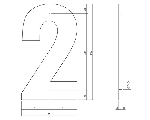 Teknisk ritning av siffran två med dimensioner.