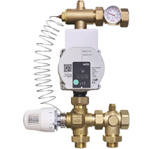 Roth pump- och reglergrupp för golvvärme med Wilo-cirkulationspump, termostatvred och termometer i mässing.