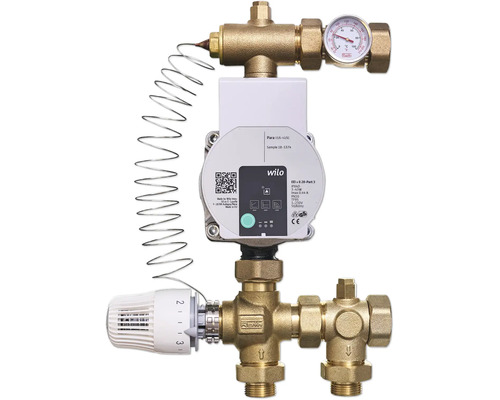 Roth pump- och reglergrupp för golvvärme med Wilo-cirkulationspump, termostatvred och termometer i mässing.