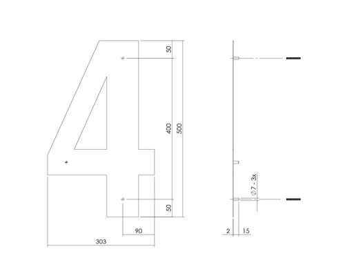 Teknisk ritning av siffran fyra med måttangivelser