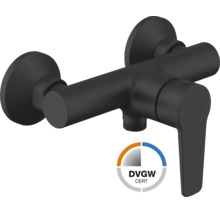 Ettgrepps duschblandare Jungborn i mattsvart med DVGW-certifiering och Jungborn Logo.