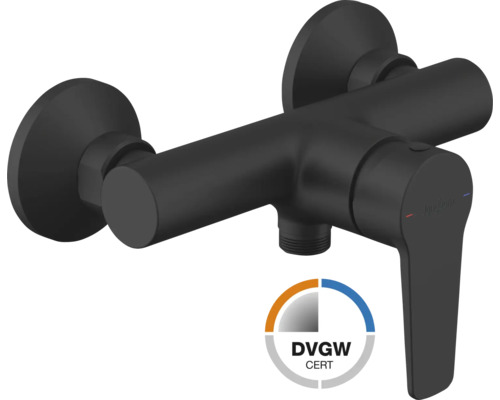 Ettgrepps duschblandare Jungborn i mattsvart med DVGW-certifiering och Jungborn Logo.