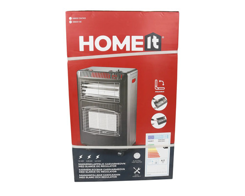 HOME It gaskamin med elektrisk fläkt, sammanfällbar, inklusive slang och regulator, 4,2 kilowatt, HOME It Logo.