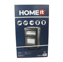 HOME it Logo på förpackning för svart gaskamin med hjul, CE-märkning och symbol för återvinningsbar förpackning.