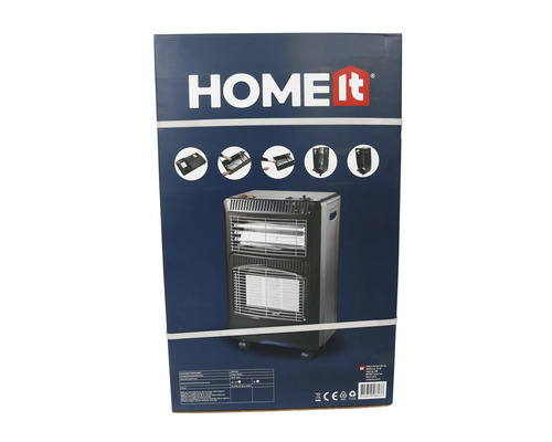 HOME it Logo på förpackning för svart gaskamin med hjul, CE-märkning och symbol för återvinningsbar förpackning.