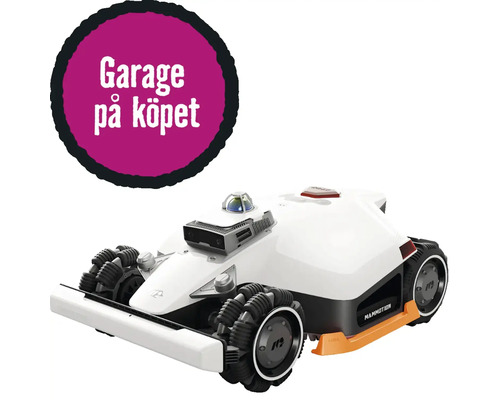 Robotgräsklippare Mammotion med fyrhjulsdrift och sensorer inklusive garage vid köp.