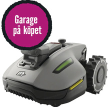 Worx robotgräsklippare med Worx Logo och garage på köpet.